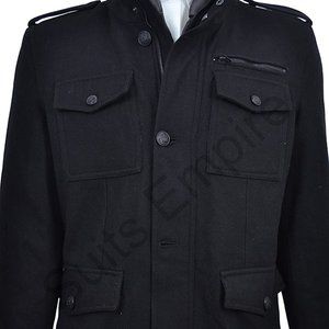 Guess Peacoat Black Solid Zippered Wool Coat